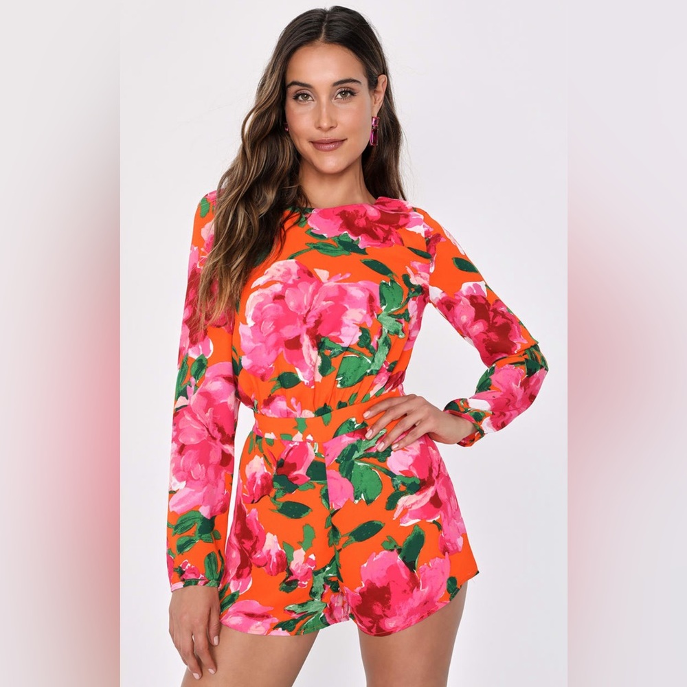 LULUS Orange Pink “Sweetest Song” Floral Long Sleeve Low Back Romper